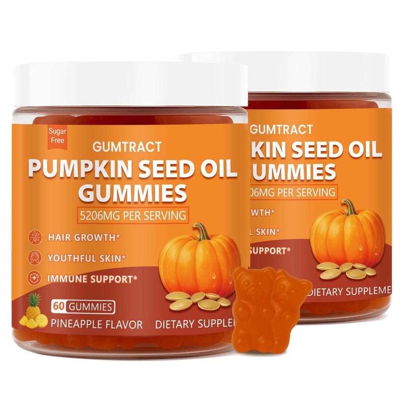 Pumpkin Seed Oil Gummies with Saw Palmetto | 5200mg Cold-Pressed Extract for Hair Growth, Prostate & Skin Health | Sugar-Free Pumpkin Oil Supplement for Men & Women | Pineapple Flavor, 120 gummies 60 Count (Pack of 2)