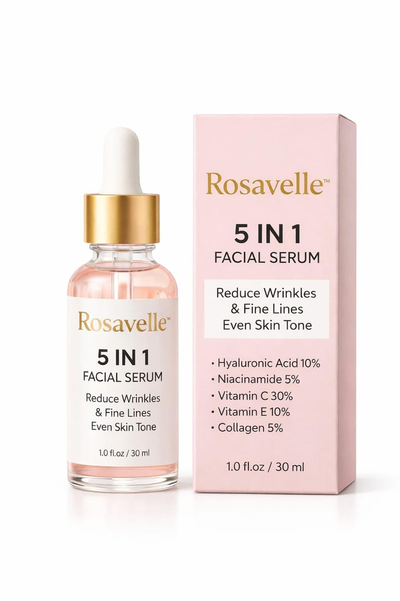 5 in 1 Facial Serum for Glowing Skin | Hyaluronic Acid 10%, Vitamin C 30%, Niacinamide 5%, Vitamin E 10%, Collagen 5% | Anti Aging Serum for Wrinkles, Fine Lines & Even Skin Tone | 30ml