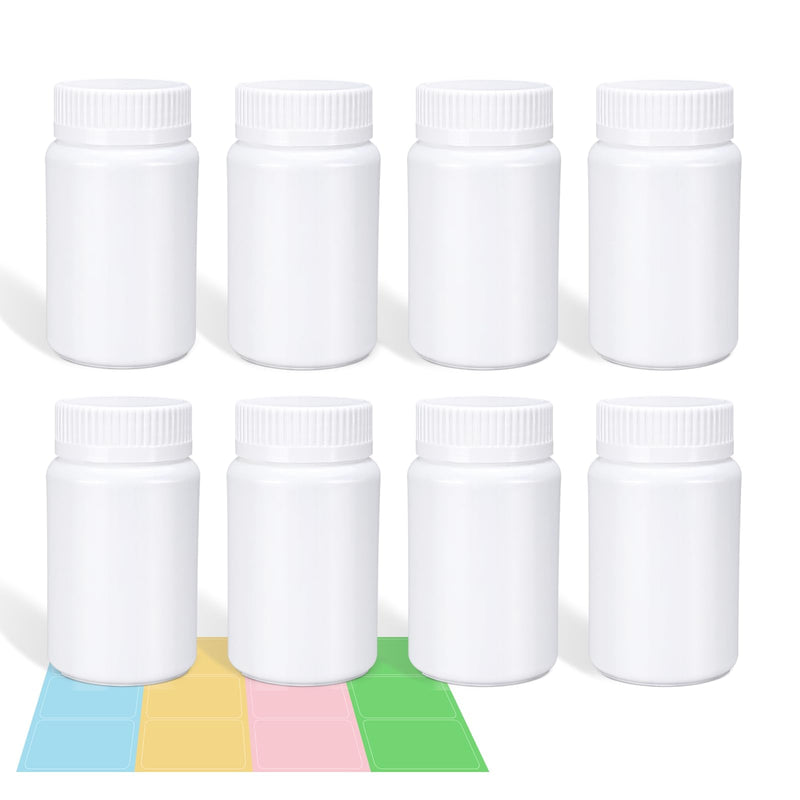 ASEVAT 8 Pack 3.4 oz Travel Pill Bottles - White Food Grade Plastic with Screw Caps & Labels, Small Pill Organizer for Pills, Vitamins, Capsules 3.4oz/100ml