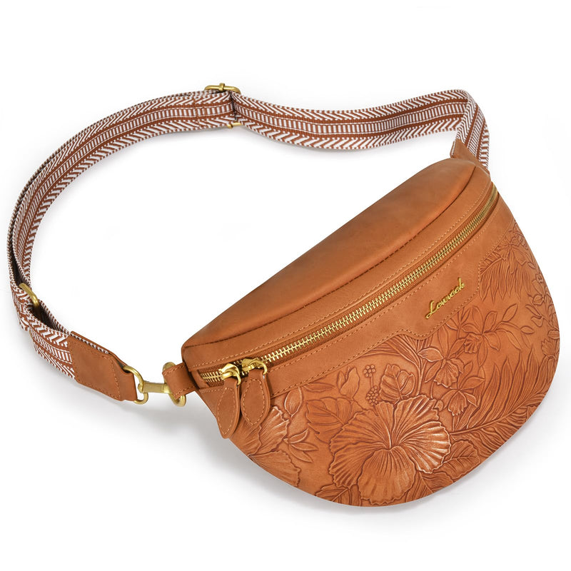 LOVEVOOK Fanny Packs for Women Cross Body, Vegan Leather Belt Bag for Women, Waterproof Sling Purse Fashion Waist Pack Designer Chest Bum Bag with Boho Style Strap M Embossed Brown