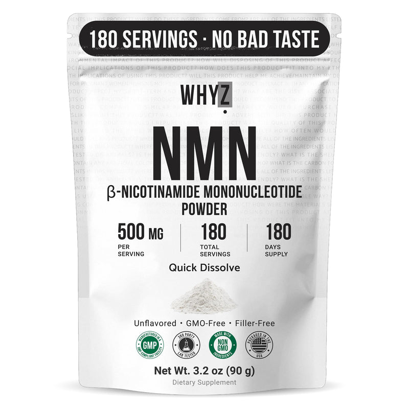 Pure NMN Powder Nicotinamide Mononucleotide Quick Dissolved NMN Supplement Powder 100% Unflavored NMN Supplement Supports NAD+ Levels Vegan Friendly Non-GMO, 180 Servings, 3.2 oz (90g) 3.2 Ounce (Pack of 1)