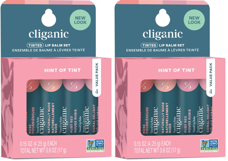 Cliganic Tinted Lip Balm Set - 4 Colors, Hydrating, Enriched with Vitamin E, Cruelty Free, Stocking Stuffer Gift (Pack of 2) 0.6 Ounce (Pack of 2)