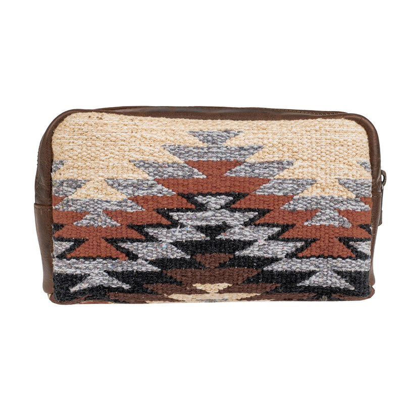 STS Ranchwear Guadalupe Serape Cosmetic Bag, Western Handwoven Cotton with Leather Trim, Aztec Pattern, Brown and Cream, 9.5 x 3.5 x 7.5 Inches
