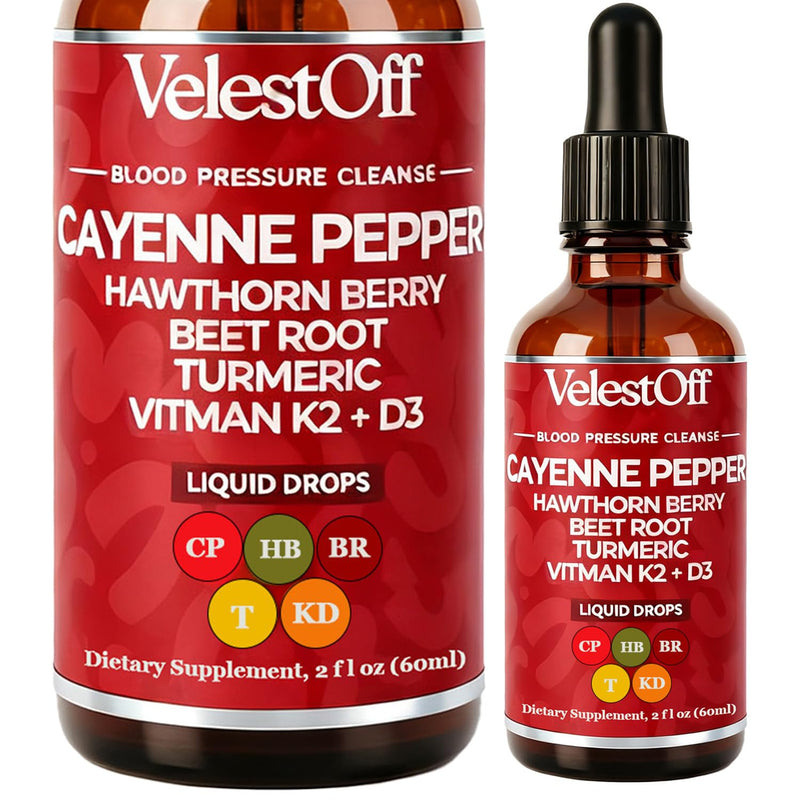 Velestoff Cayenne Pepper Drops Supplement Liquid - Cayenne Pepper, Hawthorn Berry, Beet Root, Turmeric, Vitamin K2+D3, Immune Support, Energy Boost, 2 Fl. Oz.