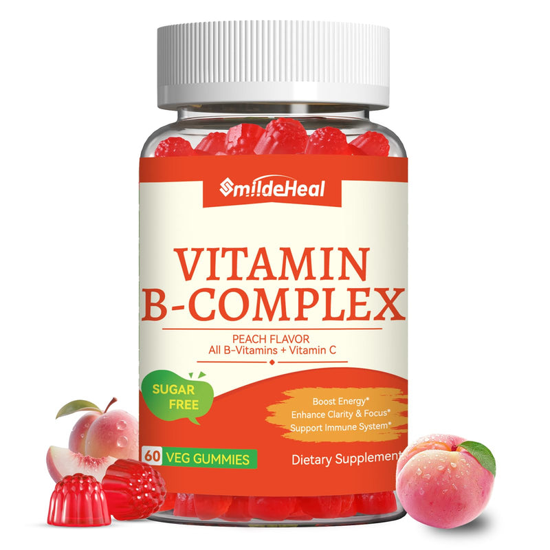 Vitamin B Complex Gummies for Women & Men - All B Complex & B12 - 60 Gummy | Vitamin B12, B1, B2, B3, B5, B6, B7 & B9 with Vitamin C & Choline - Energy & Immune Support* - Vegan, Peach Flavor 60 Count (Pack of 1)