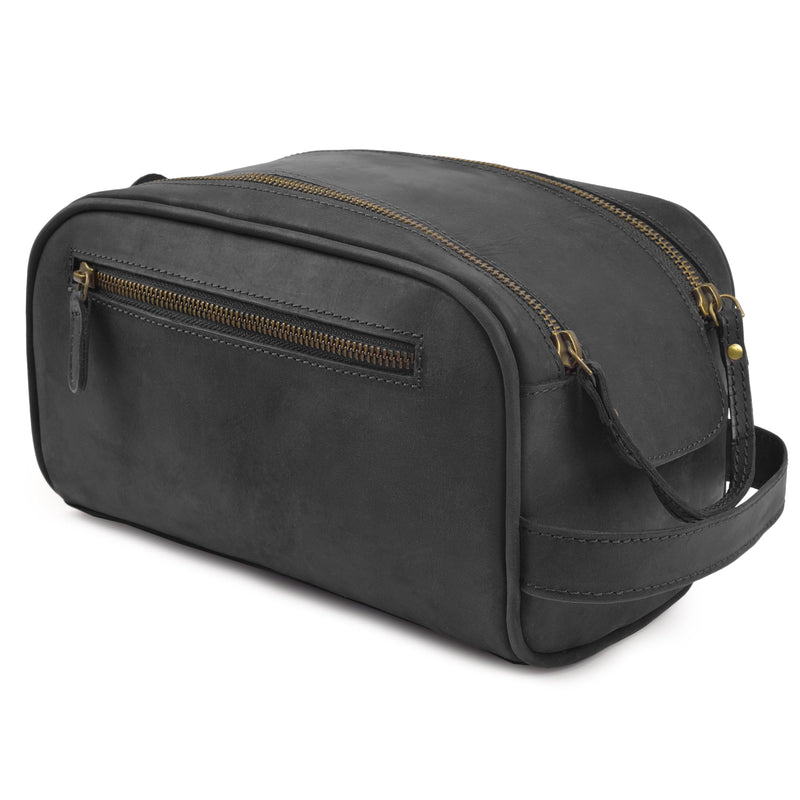 MDS® Genuine Leather Toiletry Bag for Men - Unisex Rustic Classic Vintage Handcrafted Full-Grain Leather Travel Dopp Kit with Waterproof Lining & Handle, Shaving & Grooming Kit Organizer Pouch, Black