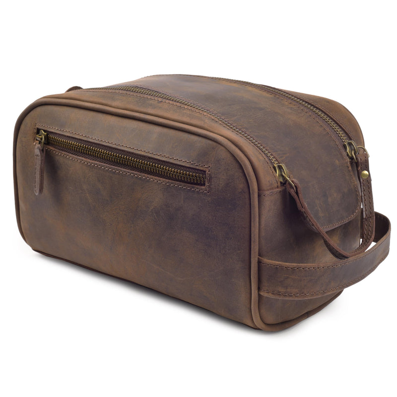 Genuine Leather Toiletry Bag for Men - Rustic Classic Vintage Handcrafted Full-Grain Leather Travel Dopp Kit with Waterproof Lining & Handle, Shaving & Grooming Kit Organizer Pouch - Rustic Brown