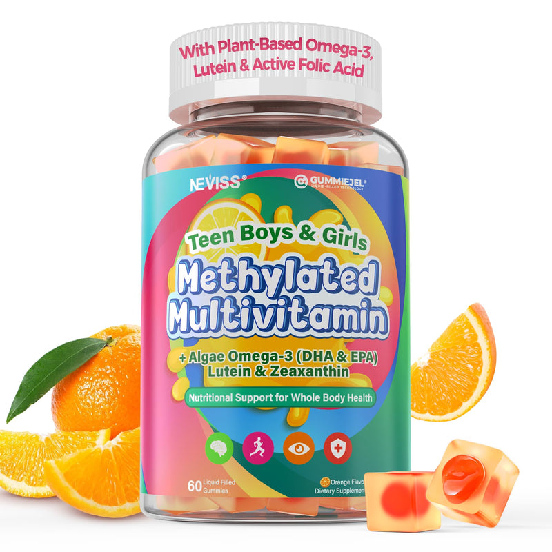 Methylated Multivitamin for Teen & Kids, Boys & Girls Vitamins Gummies 4-19 | 5-MTHF Methylfolate, Methyl B12, Omega3, Multi-Minerals, Teen Focus & Energy, Growth, Skin, Eye & Immune Support, Sugar-Free 60 Count (Pack of 1)