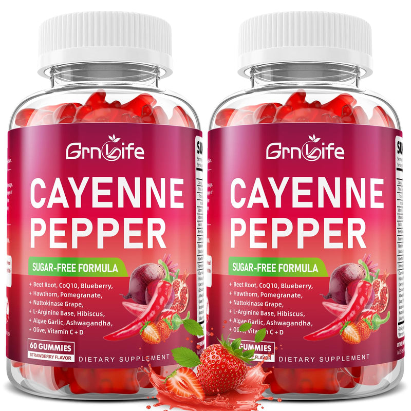 2 Pack Cayenne Pepper Beet Root Gummies, with Beetroot Garlic CoQ10 Hawthorn Berry Grape Seed Extract Olive Leaf Nattokinase Hibiscus Vitamin D Nitric Oxide, Support Overall Wellness, 120 Count 120 Count (Pack of 1)