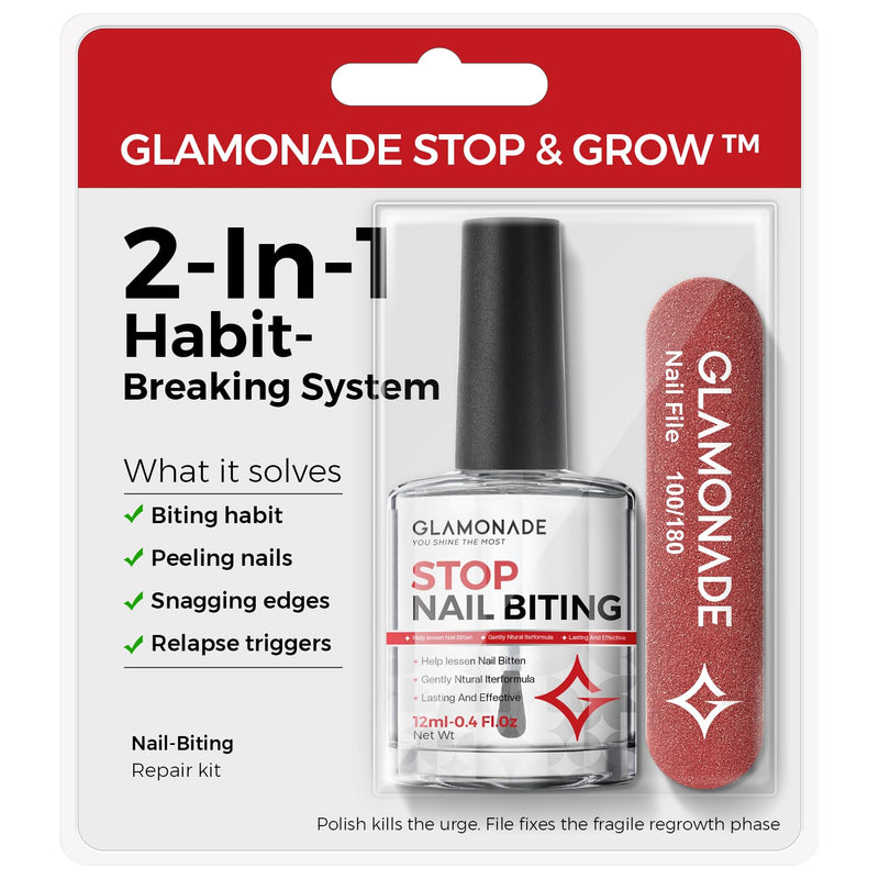 Glamonade 2-in-1 Stop Nail Biting Treatment Kit: Extra Bitter Polish to Deter Biting & Professional Nail File to Smooth Jagged Edges Complete Solution to Remove Biting Triggers for Kids & Adults | Gentle 100/180 Grit Erases Bite-Trigger Edges, 12ml Pla...