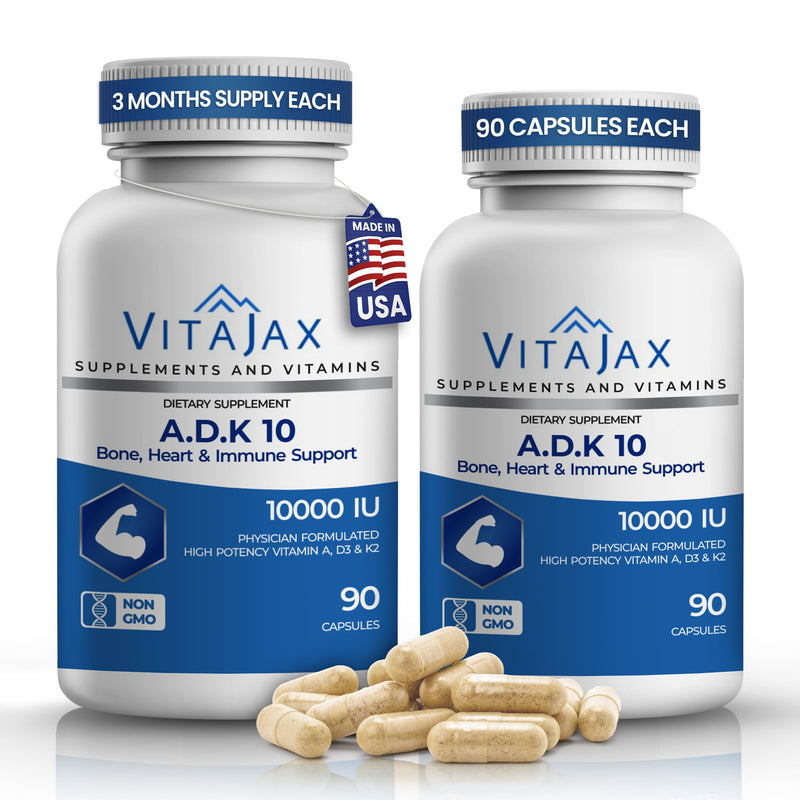 ADK 10 - Vitamin ADK Supplement, 180 Capsules - High Potency Vitamin A, D3(10,000 IU) K2 as MK-7 for Bone, Heart & Calcium Absorption – Non-GMO, Gluten Free (6 Month Supply) 2 Pack 90 Count (Pack of 2)
