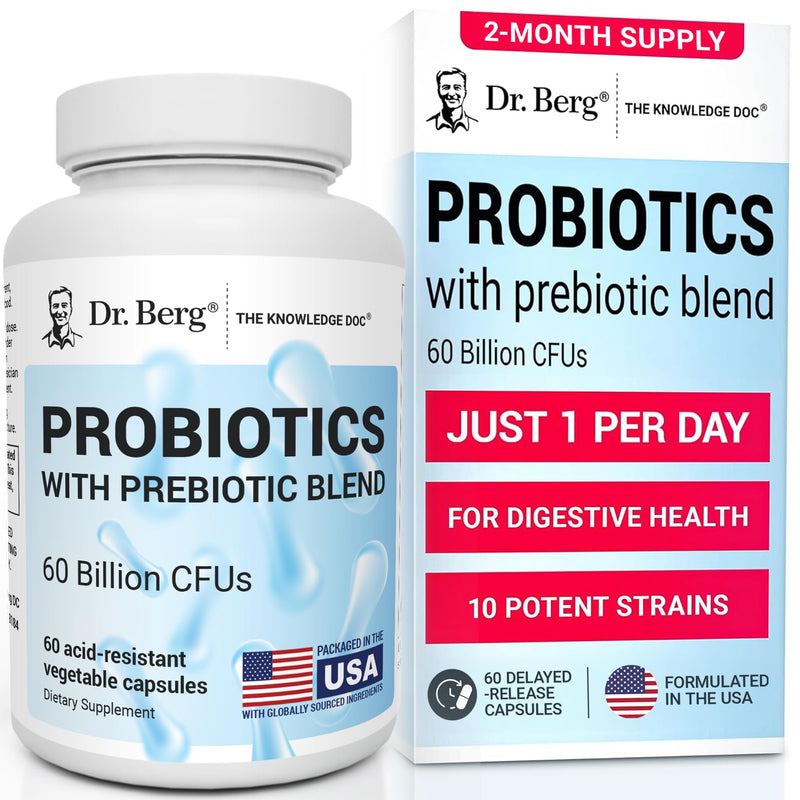Dr. Berg Probiotic Supplement (60 Billion CFUs) - Helps Ease Occasional Constipation, Diarrhea, Gas & Bloating* - Pre and Probiotics for Digestive Health - 60 Probiotic Capsules 60 Count (Pack of 1)