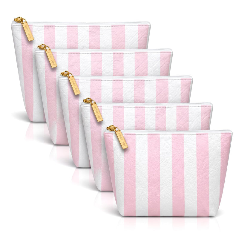 Preppy Stripe Crinkle Makeup Bag Set of 5 Travel Cosmetic Bags | Pink and White, 6 x 9 x 3 in, Crinkle & stripe design, waterproof fabric, generous capacity, gift for women