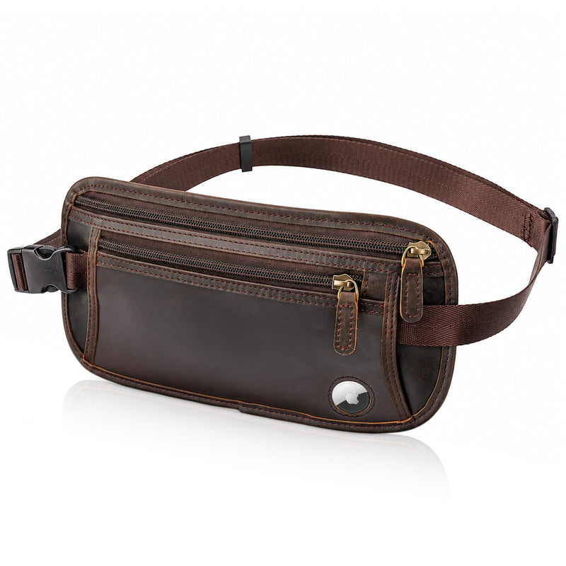 Polare Leather Money Belt Hidden Passport Holder Travel Pouch, AirTag Slot | Full Grain Cowhide Leather, RFID Protection, Travel Passport Wallet, Slim Undercover Waist Bag