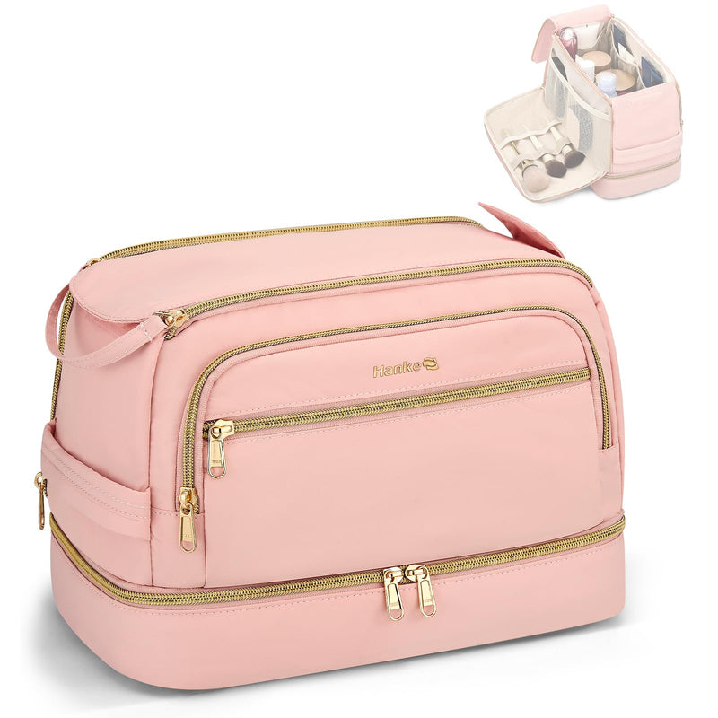 Hanke Travel Toiletry Bag, Lightweight Wide-open Makeup Bag, Dual-Layer Travel Bag for Toiletries Water-Resistant Cosmetic Bags Large Toiletry Bags for Women & Men, Travel Essentials, Pink