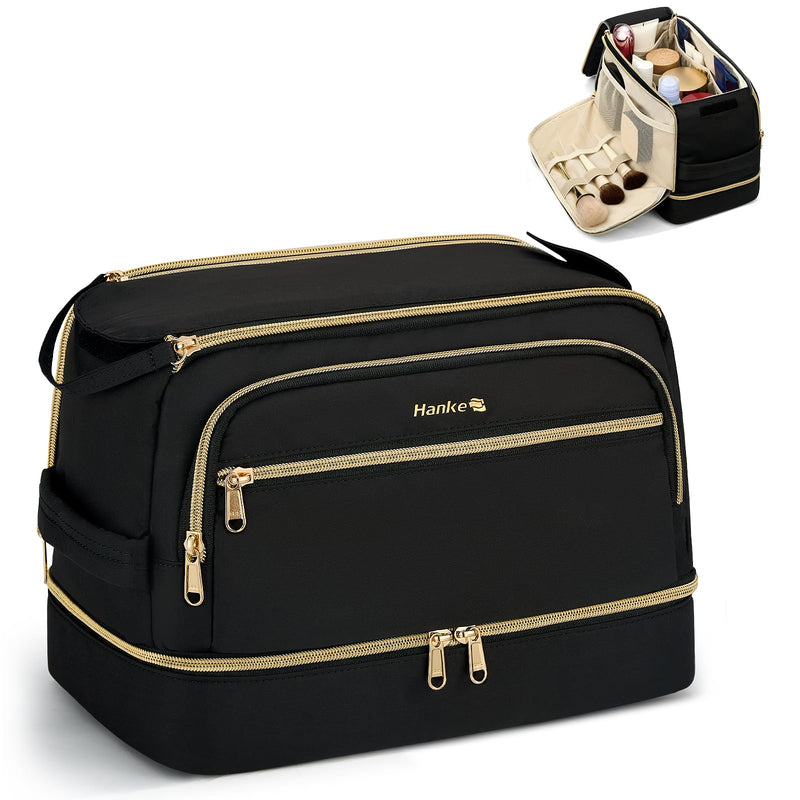 Hanke Travel Toiletry Bag, Lightweight Wide-open Makeup Bag, Dual-Layer Travel Bag for Toiletries Water-Resistant Cosmetic Bags Large Toiletry Bags for Women & Men, Travel Essentials, Black
