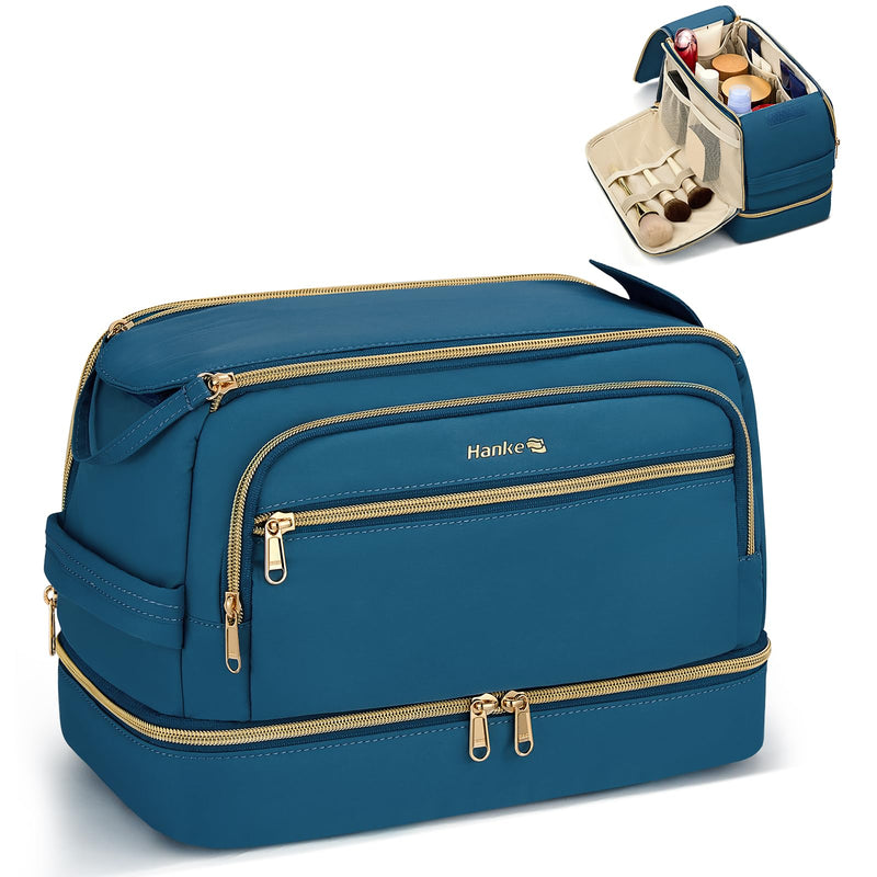 Hanke Travel Toiletry Bag, Lightweight Wide-open Makeup Bag, Dual-Layer Travel Bag for Toiletries Water-Resistant Cosmetic Bags Large Toiletry Bags for Women & Men, Travel Essentials, Navy Blue