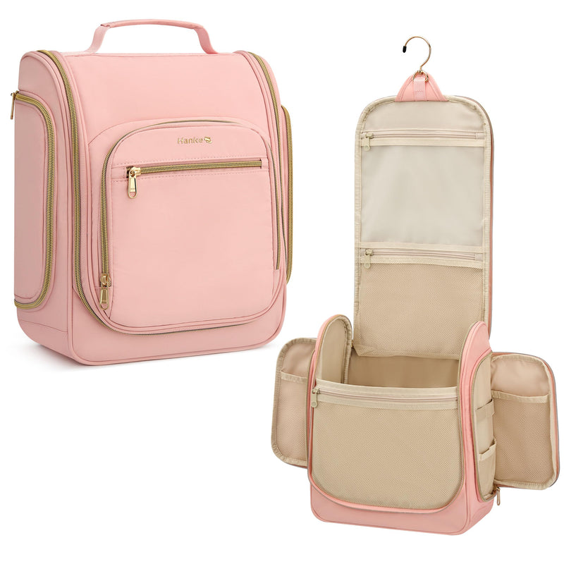 Hanke Hanging Travel Toiletry Bag for Men and Women, Water-Resistant Toiletries Bag Makeup Organizer with Hook, Cosmetic Bag for Bathroom & Travel Essentials Accessories, Pink