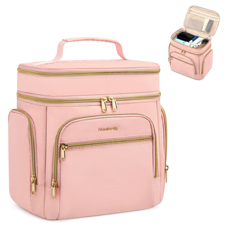 Hanke Large Toiletry Bag for Women Travel, Double Layer Organizer with Wide Opening for Full-Size Cosmetics & Toiletries, 12.2L Water-Resistant Makeup Bag,Pink Pink
