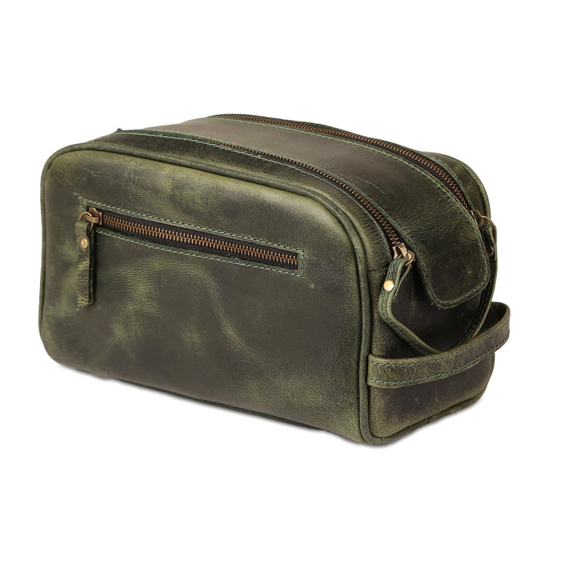 KomalC Leather Toiletry Bag for Men & Women – Handcrafted Travel Grooming Kit with Water-Resistant Lining and Secure Zipper Closure 1 Zip Classic Light Green