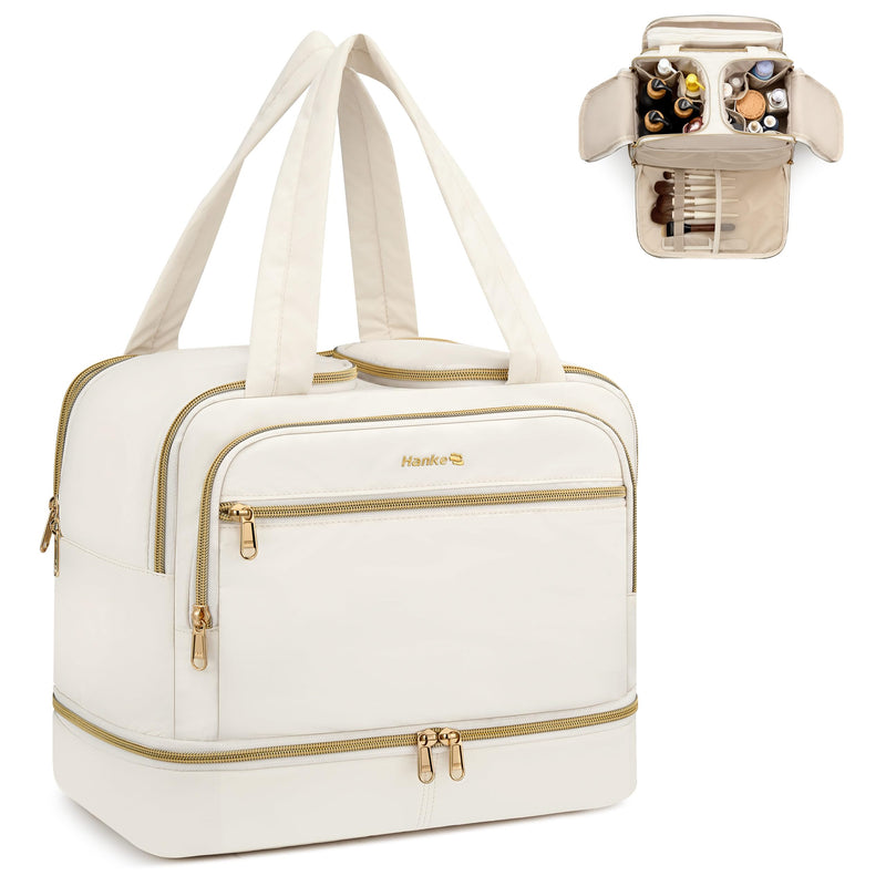 Hanke Travel Toiletry Bag, Lightweight Wide-open Large Toiletry Bags for Women, Dual-Layer Makeup Bag Water-Resistant Cosmetic Travel Bag with Handle for Accessories, Essentials, Off White