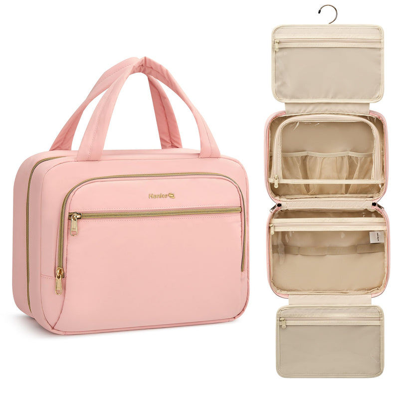 Hanke Hanging Travel Toiletry Bag for Women, Water-Resistant Makeup Organizer with Hook, Cosmetic Bag for Bathroom & Travel Essentials Accessories, Pink
