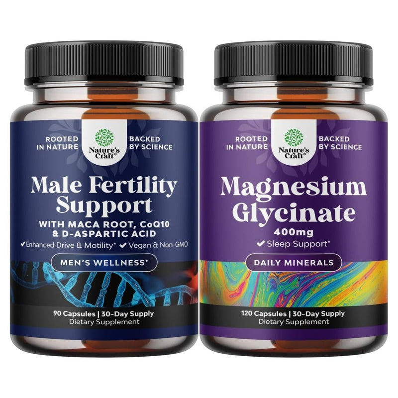 Bundle of Pre Conception Male Fertility Supplement with CoQ10, Maca Root, Methyl Folate & D-Aspartic Acid and Pure Magnesium Glycinate Supplement 400mg Per Serving for Mood Sleep & Relaxation Support