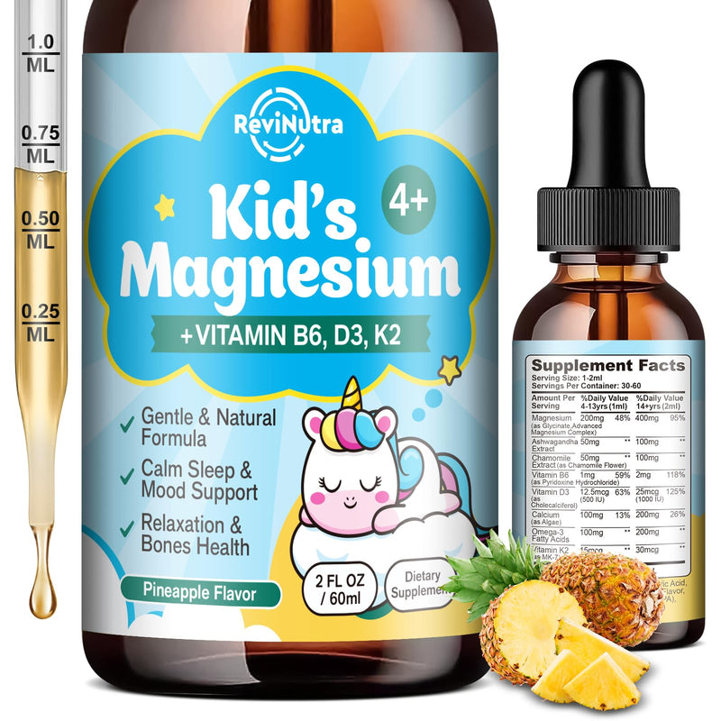 Kids Magnesium Glycinate Liquid Drops with Omega-3, Ashwagandha, Vitamin B6, D3, K2, Calcium & Chamomile - Magnesium Drops for Kids Sleep, Calm, Focus, Brain & Mood - Pineapple Flavor 2 Fl Oz (Pack of 1)