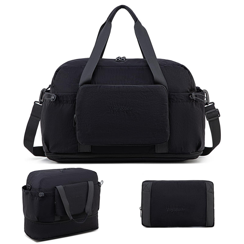 Foldable & Expandable Personal Item Travel Bag,black | Waterproof ,Wet-Dry Compartment ,Luggage Sleeve,Detachable Crossbody Strap,Carry on Bag,Weekender Bag for Women,Gym,Overnight Black