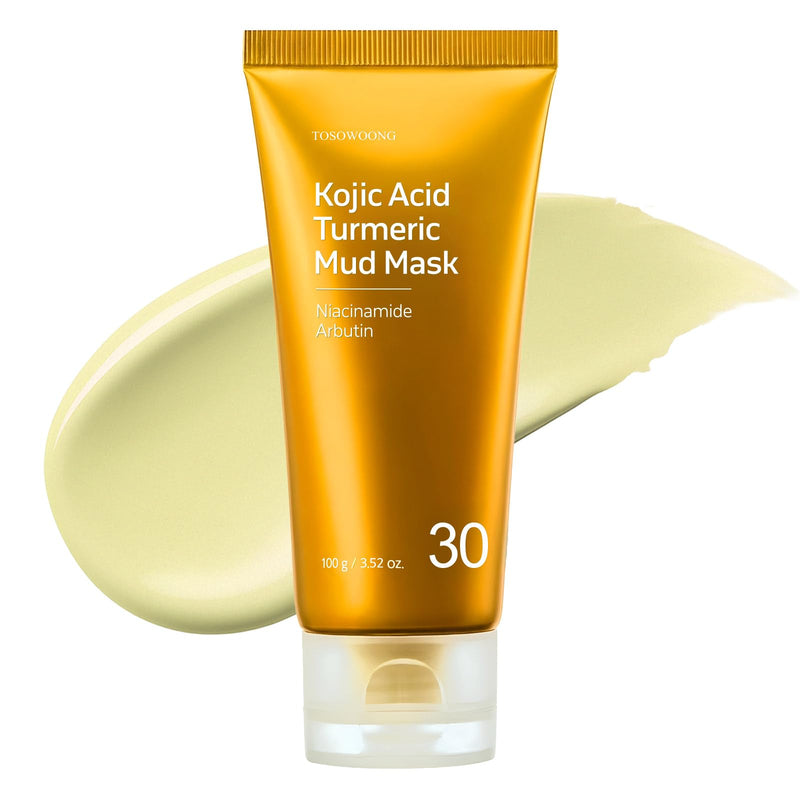 TOSOWOONG Kojic Acid Turmeric Mud Mask for Dark Spots & Pore Care, Freckles | 25% (246,019ppm) Kaolin + 5.4% (54,000ppm) Bentonite, Vitamin C, Niacinamide, Arbutin, Blackheads, Korean Skincare, 3.52 oz