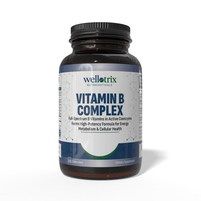 Wellotrix Advanced B-Complex – Full Spectrum of 8 Essential B Vitamins (B1, B2, B3, B5, B6, B7, B9, B12) in Active Coenzyme Forms – Supports Energy Metabolism & Cellular Health – 120 Capsules