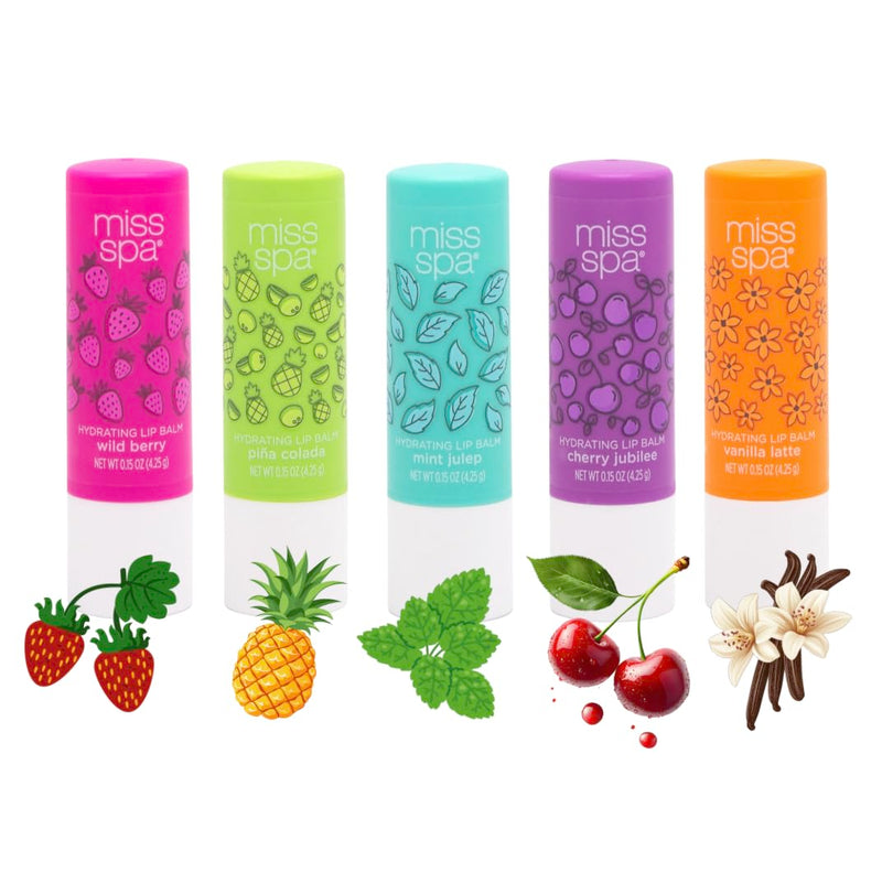 Miss Spa Hydrating Lip Balm Set Moisturizing Lip Care Gift Set for Dry Lips,Nourishing Lip Moisturizer with Shea Butter & Vitamin E, Vegan Gluten Free, Long-Lasting Hydration, 5 Flavors