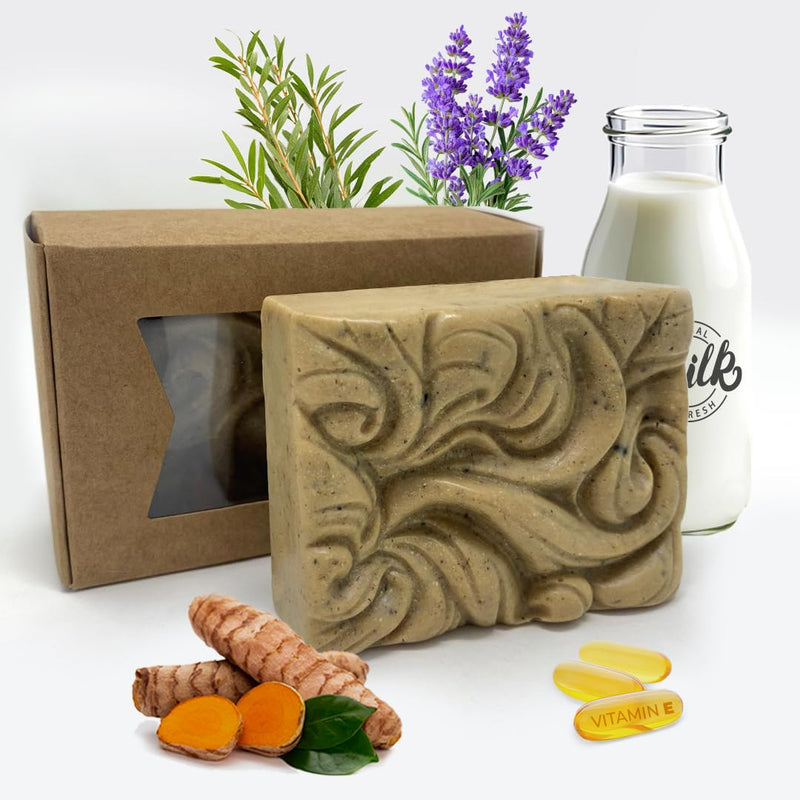 Goat Milk & Turmeric Soap Bar for Face & Body | Salicylic Acid, Tea Tree Oil & Vitamin E | Helps Cleanse Pores, Control Oil & Even Skin Texture | Handmade 3.4 oz
