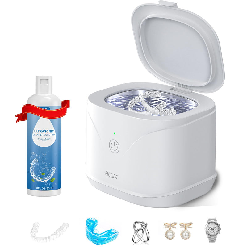 BCOM Ultrasonic Retainer Cleaner, 46Khz Jewelry Cleaner Machine for Rings | 18W Portable Dental Cleaning Pod for Braces, Night Guard, Mouthguard, Toothbrush, Denture, 220ml 304 Tank, Quiet 45 dB, White 228ml
