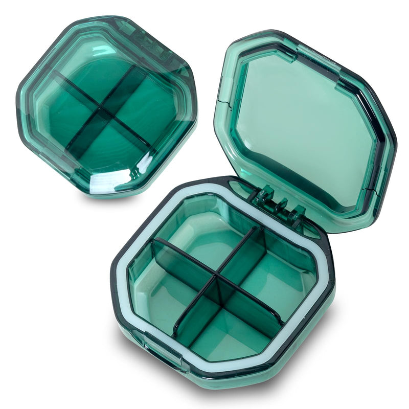 2 Pack Small Pill Organizer, 4 Compartment Pill Box for Travel, 2-Inch Portable Pocket Pill Case for Purse, Vitamin & Supplement Medication Organizer, Travel Essentials Container (Green+Green) Green+green