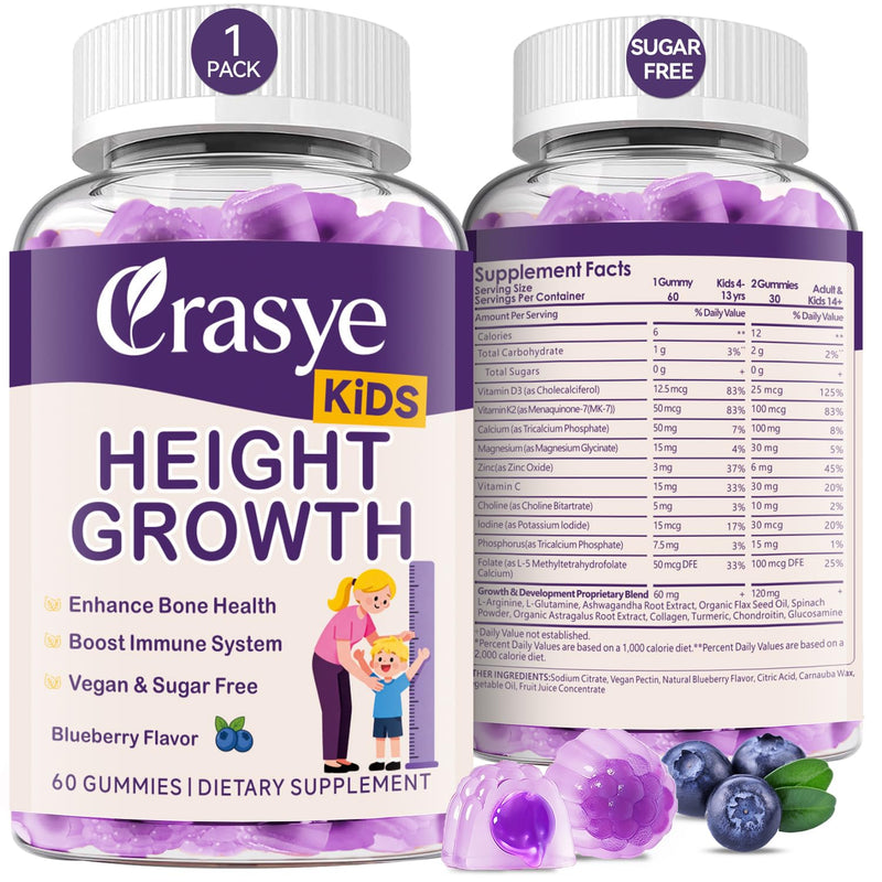 Height Growth Gummies for Kids & Teens Support Bone Strength and Immunity | Calcium, Vitamin D3 + K2, Zinc, Magnesium, L-Arginine, Teen Heightener Multivitamin Gummies for Children, 60 Gummies
