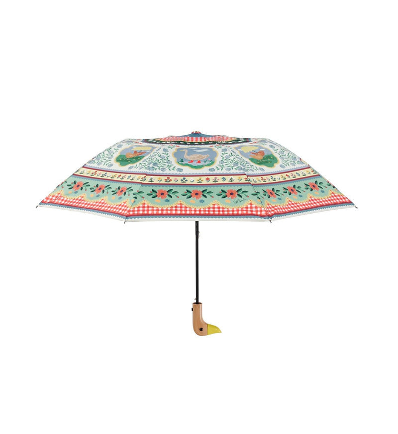RIFLE PAPER CO. Home Sweet Home Umbrella with Matching Storage Sleeve | Automatic Open Function, 43" Open Diameter, 11" Closed Length, Wooden Duck Handle, Wrist Strap, Folds to Portable Size