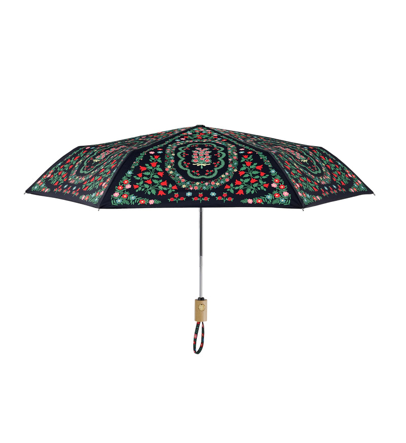 RIFLE PAPER CO. Rosette Umbrella with Matching Patterned Storage Sleeve | Automatic Open & Close Function, 43" Open Diameter, 11" Closed Length, Wooden Handle, Wrist Strap, Folds to Portable Size