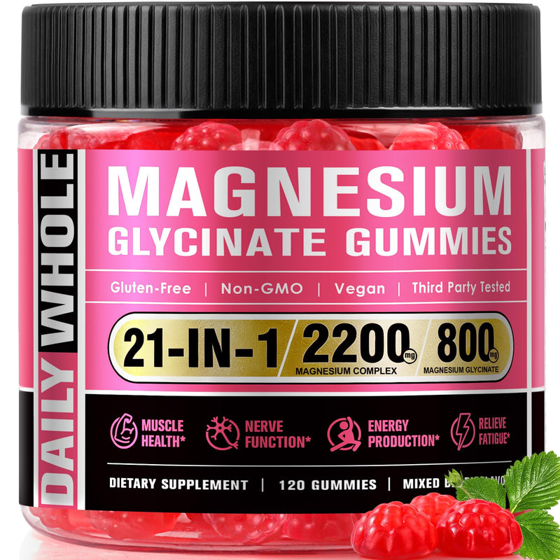 Magnesium Glycinate Gummies 21 in 1, Magnesium Complex 2200MG, 120 Gummies | Magnesium Supplement for Muscle, Nerve, Bone and Heart Health Support, Mixed Berry Flavored Magnesium Gummies, 30 Day Supply 120 Count (Pack of 1) 21-in-1 Magnesium Complex