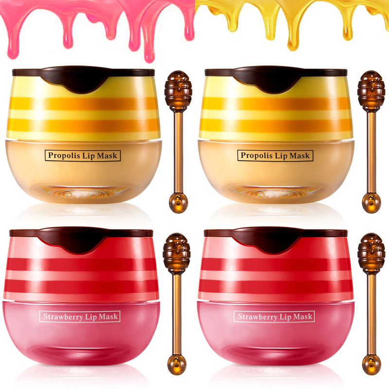 Lip Balm, Vitamin E Moisturizing Propolis Sleeping Mask, Effective Reduces Lines, Prevention of Dry and Cracked Lips Nourishing Dry Lip Care (2 Packs Strawberry & 2 Packs Honey, 1.9Oz) 2 Packs Strawberry & 2 Packs Honey 2.1 Ounce (Pack of 1)