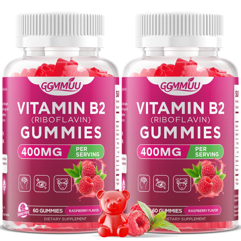 2 Pack Vitamin B2 400mg Gummies with Magnesium, Raspberry, 120 Count | High-Potency Riboflavin with Magnesium for Head Comfort, Energy & Nervous System Support, Sugar Free, Vegan, Non-GMO 60 Count (Pack of 2)