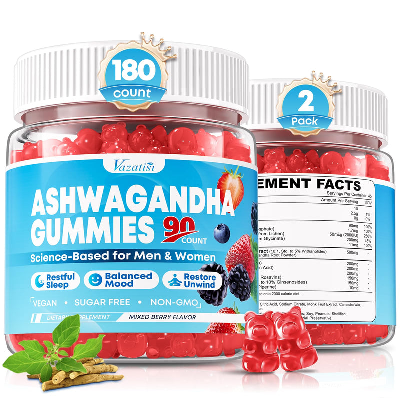 Ashwagandha Gummies for Women & Men - 180 Count - Ashwagandha Supplements with L-Theanine, GABA, Magnesium, Zinc & Vitamin D3, Non-GMO, Sugar Free & Gluten Free Mixed Berry 90 Count (Pack of 2)
