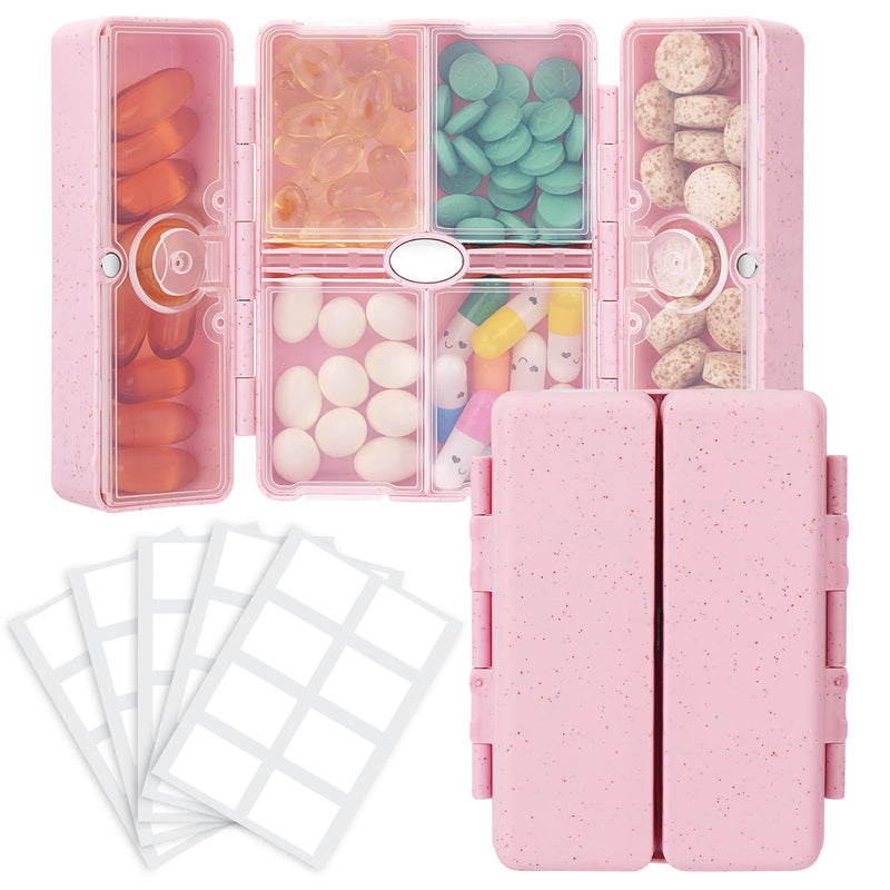 FYY Travel Pill Organizer, 6 Compartments Pill Case with Blank Lables-Pink | Easy to Use, Privacy Protection Medicine Pill Organizer for Medication, Vitamins, Fish Oils,Supplements,Cotton Swabs,Bandages Pink M