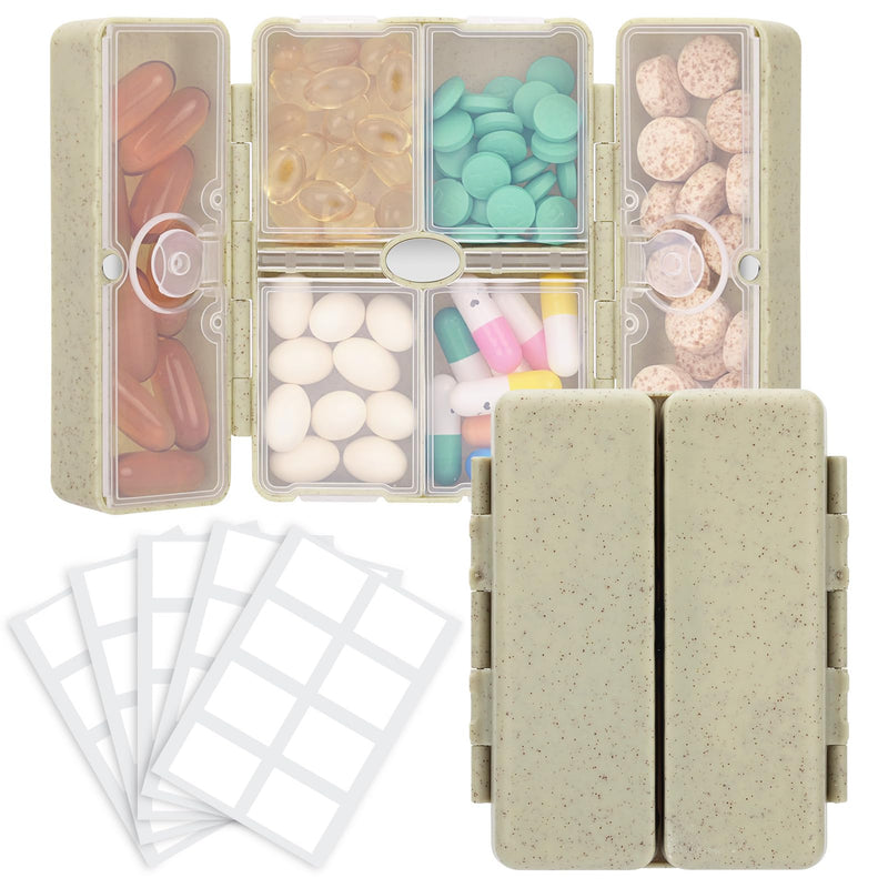FYY Travel Pill Organizer, 6 Compartments Pill Case with Blank Lables-Khaki | Easy to Use, Privacy Protection Medicine Pill Organizer for Medication, Vitamins, Fish Oils,Supplements,Cotton Swabs,Bandages Khaki M
