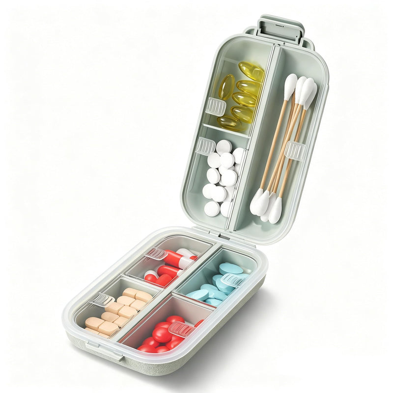 7 Compartments Travel Pill Organizer, Foldable Portable Airtight Pill Box | Compact Pill Case for Purse & Pocket, BPA-Free Medicine Organizer for Vitamins Fish Oil Supplements Green