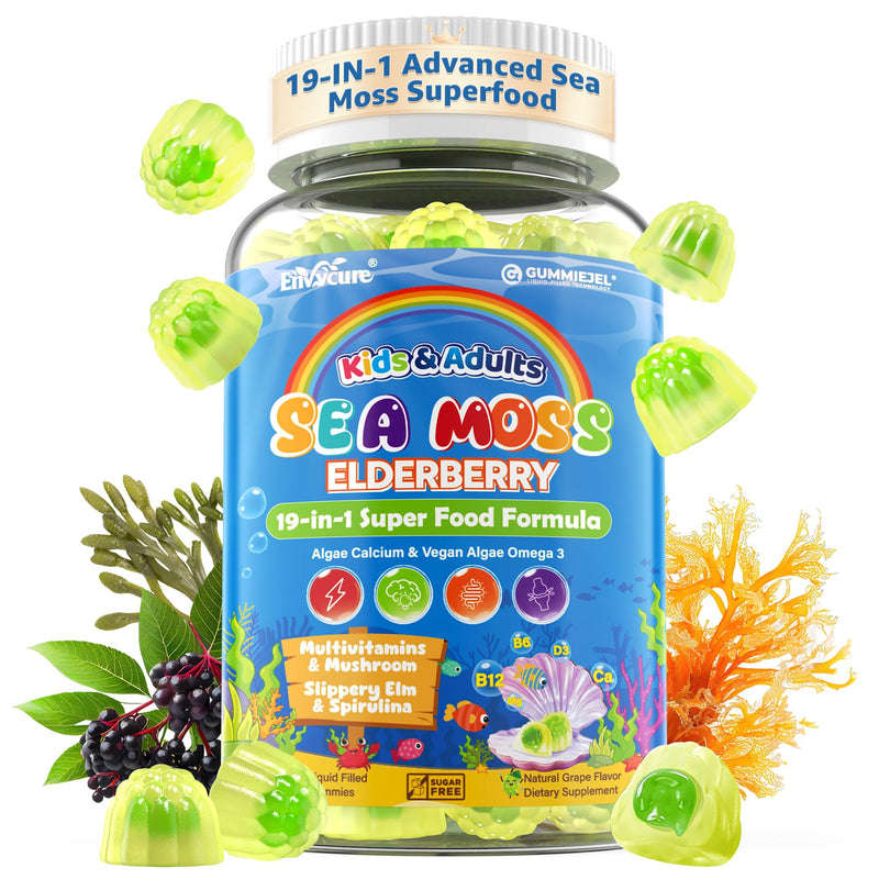 Sea Moss + Elderberry Gummies for Kids & Adults, 19-IN-1 Super Food with Spirulina, Algae Omega 3, Algae Calcium, Ashwagandha, Mushroom, Vitamins D3, C for Immune, Gut, Bone, Energy, Brain,Vegan 60Cts 60 Count (Pack of 1)