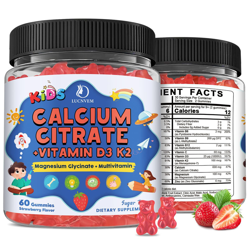 Kids Calcium Citrate Gummies with Vitamin D3 Supplement, Calcium Citrate 300/600 mg with Magnesium Zinc & Multivitamin for Kids 4+, Support Bone Muscle & Digestive Health, Sugar Free Strawberry,120ct 60 Count (Pack of 2)