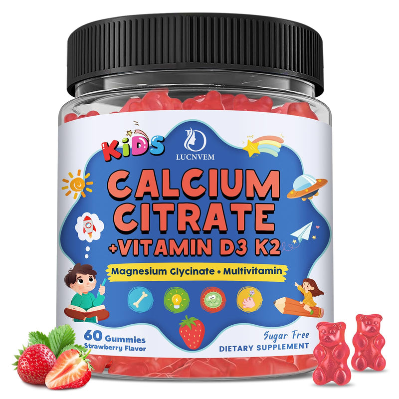 Kids Calcium Citrate Gummies with Vitamin D3 Supplement, Calcium Citrate 300/600 mg with Magnesium Zinc & Multivitamin for Kids 4+ & Teens, Support Bone Muscle & Digestive Health, Sugar Free, 60ct 60 Count (Pack of 1)