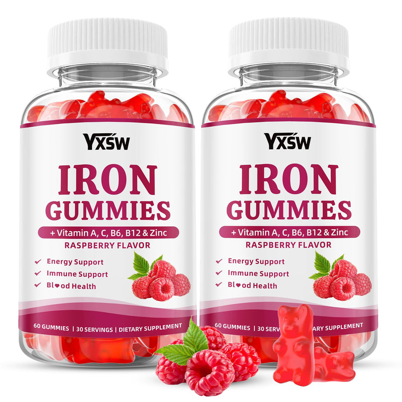 Iron Gummies for Women & Men, Vegan Iron Supplement Gummies with Vitamin C, A, B-Complex, Folate, Zinc- for Immune Health & Energy Support, Raspberry Flavor, 120 Count 120 Count (Pack of 1)