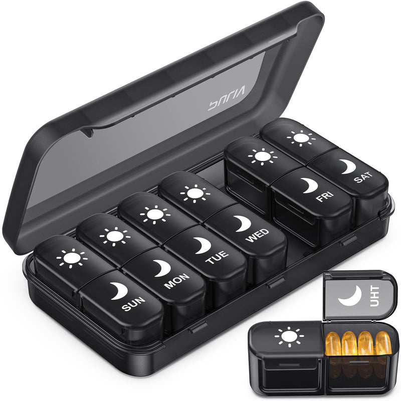 PULIV Light-Proof AM/PM Pill Organizer, Face-Up Labels for Easy Tracking | Portable Pill Organizer 2 Times a day, Pill Box 7 Day, Pill Case for Vitamins, Medication, Supplements and Fish Oils, Black